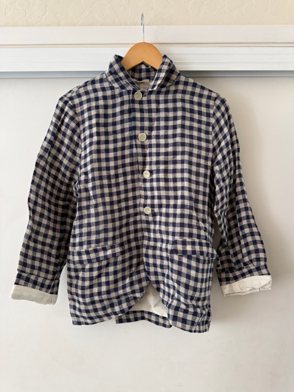 Ichi Antiquites Navy and Cream Gingham Button-Up Jacket